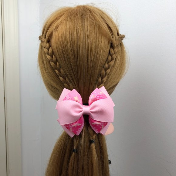 🎀HANDMADE(MTO)🎀 - Multiple Layers Hair Elastic Bows - Pink Floral Printed Ribbon - Picture 5 of 8